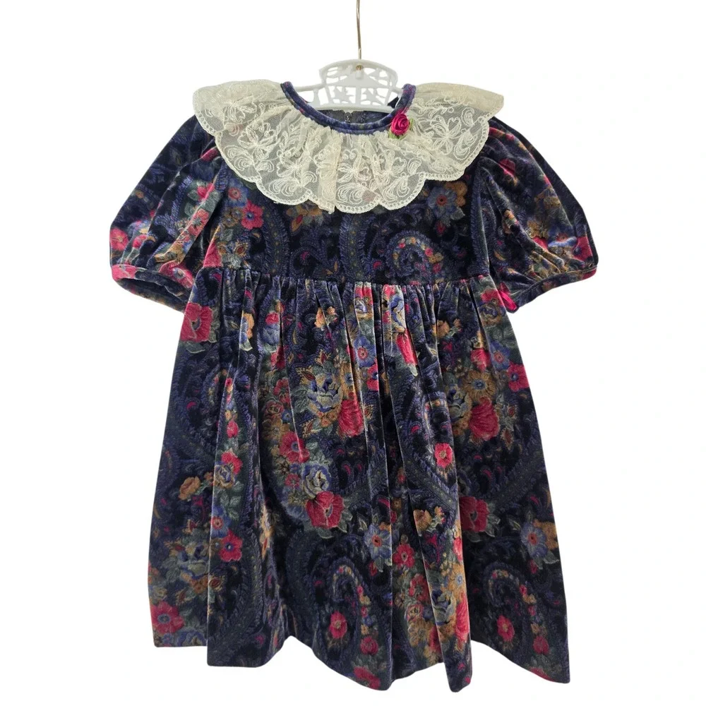 Vintage Girls Velvet Paisley Floral Dress Lace Collar Navy Blue Burgundy 4T